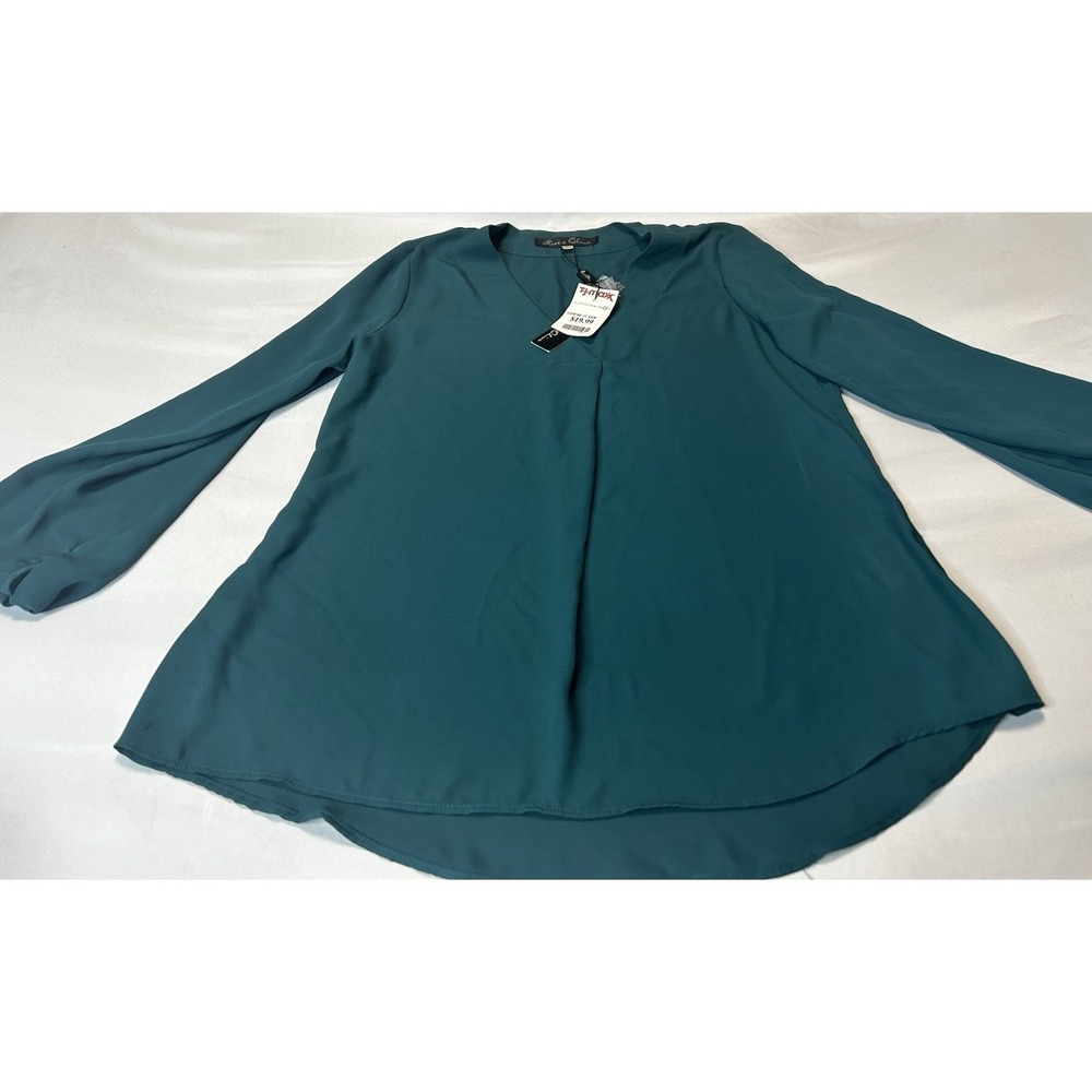 NWT Rose & Olive XS Teal V-Neck Blouse Long Sleeve Tunic Top Split Neck